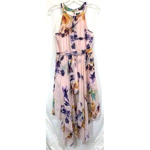 Zunie Skort Dress Sz 14 High Low Lined Sleeveless Pink Floral Tropical Boho Belt